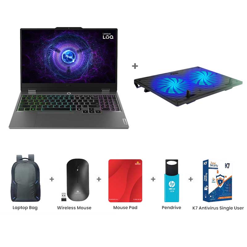 Picture of Lenovo LOQ - Intel Core i5-12450HX 15.6" (39.6cm) 83GS00LHIN Gaming Laptop (12GB/ 512GB SSD/ Full HD Display/ NVIDIA GeForce RTX 2050 4GB/ E-shutter/ IPS 300nits Anti-Glare/ 100% sRGB/ 144Hz/ Office 2024/ 1 Year Warranty / Luna Grey/ 2.38 Kg) Zebronics ZEB-NC3300 USB Powered Laptop Cooling Pad + Laptop Bag + Wireless Mouse + Mouse Pad + Pendrive + K7 Antivirus Single User